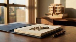 Chaves e documentos de imóveis sobre a mesa, representando o planejamento do ITBI na holding