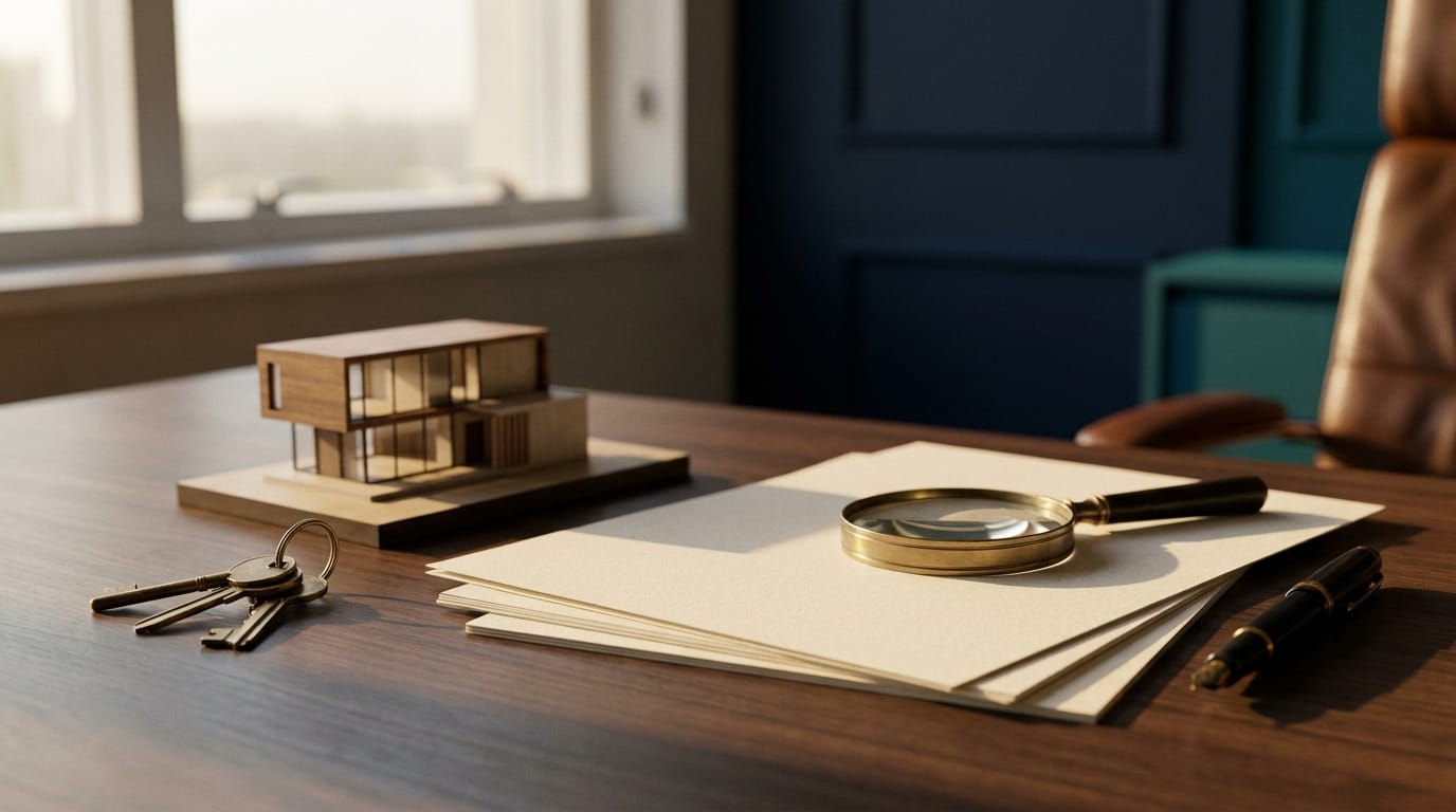 Mesa de escritorio com chaves, maquete de casa e lupa sobre documentos em branco, simbolizando a due diligence antes de comprar um imovel