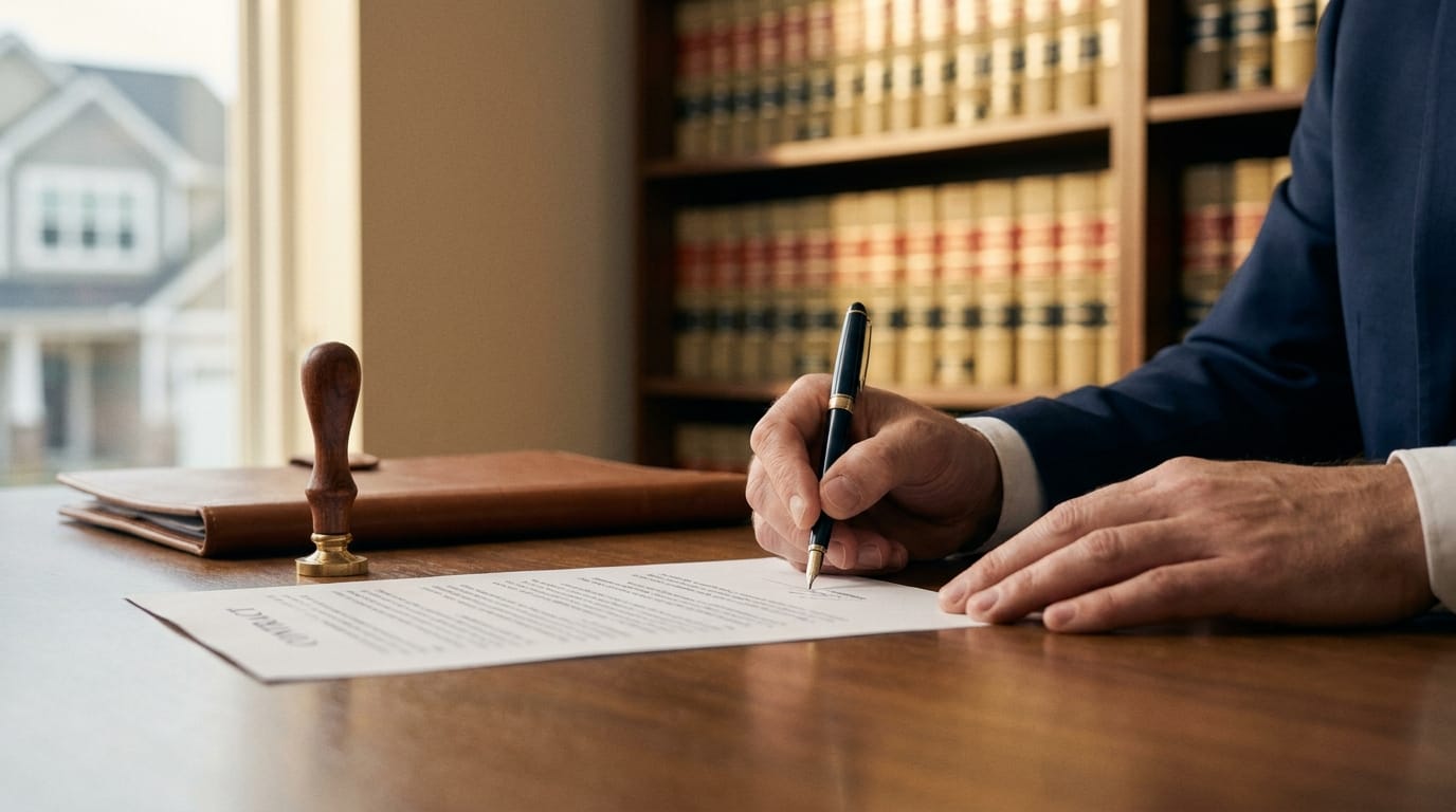 Alienação fiduciária por instrumento particular sendo assinada sobre mesa de escritório, ao lado de carimbo de cartório