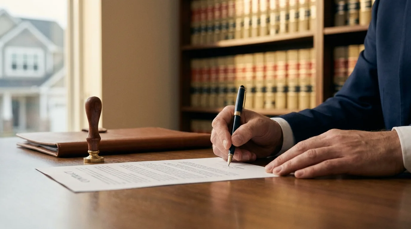 Alienação fiduciária por instrumento particular sendo assinada sobre mesa de escritório, ao lado de carimbo de cartório