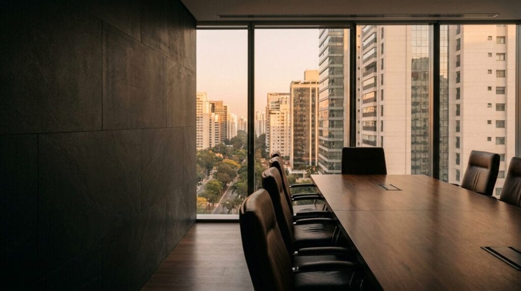 Sala de reunião sofisticada com skyline de São Paulo — direito empresarial