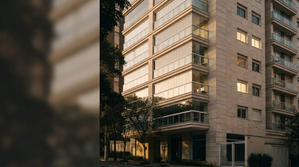Torre residencial premium em São Paulo ao entardecer — leilão de imóveis