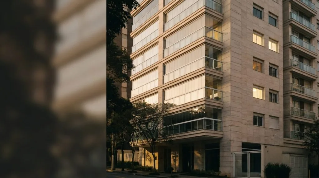 Torre residencial premium em São Paulo ao entardecer — leilão de imóveis