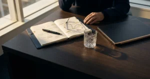 Mesa de trabalho de profissional de alta renda com caderno, óculos e laptop, ilustrando o Imposto de Renda Mínimo 2026