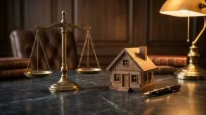 Balança da justiça ao lado de miniatura de casa, ilustrando o ITCMD na holding familiar após decisão do STJ