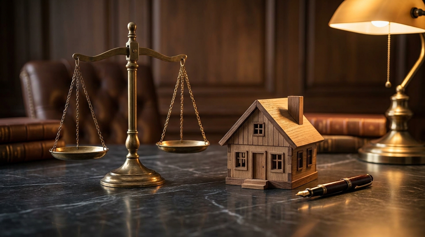 Balança da justiça ao lado de miniatura de casa, ilustrando o ITCMD na holding familiar após decisão do STJ