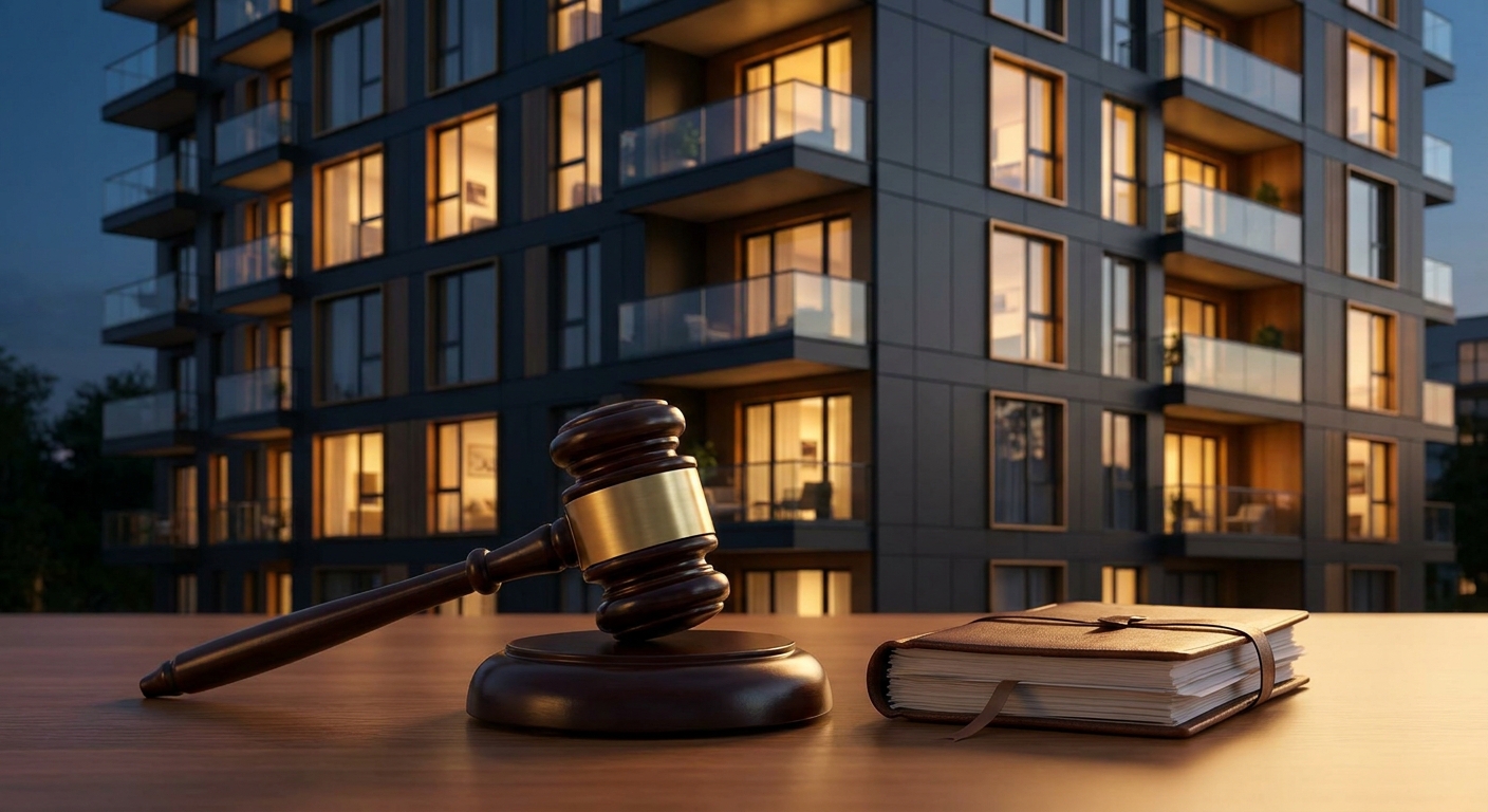 Dívida de condomínio em recuperação judicial – STJ Tema 1.391 Prédio residencial e martelo de juiz representando dívida de condomínio em recuperação judicial
