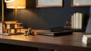 Sociedade em conta de participação: maquete de prédio, moedas e contrato sobre mesa de escritório