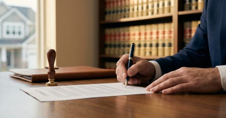 Alienação fiduciária por instrumento particular sendo assinada sobre mesa de escritório, ao lado de carimbo de cartório