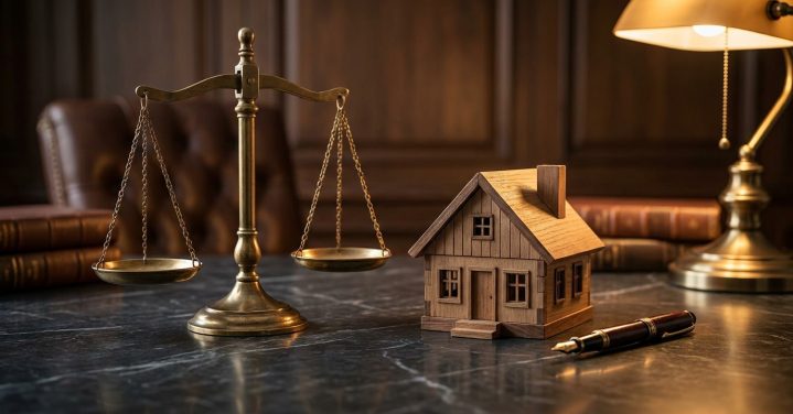 Balança da justiça ao lado de miniatura de casa, ilustrando o ITCMD na holding familiar após decisão do STJ