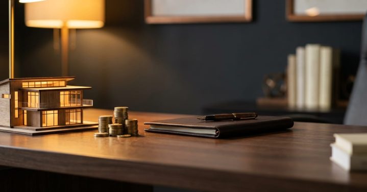 Sociedade de propósito específico e SCP: maquete de prédio, moedas e pasta de contrato sobre mesa de escritório