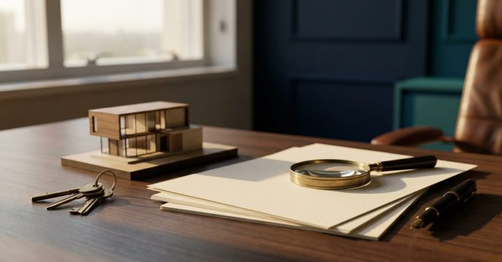 Mesa de escritorio com chaves, maquete de casa e lupa sobre documentos em branco, simbolizando a due diligence antes de comprar um imovel